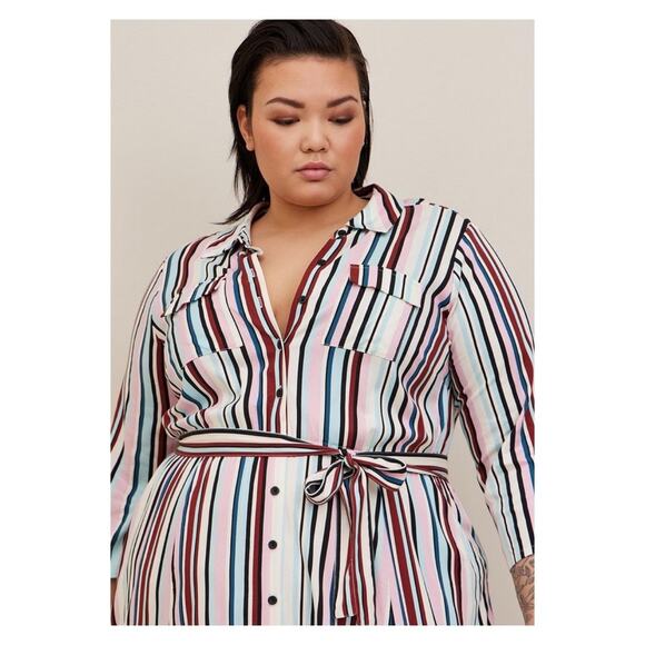 Torrid White, Purple&Pink Stripe Challis Button Front Shirt Dress Sz.4 NWT - Picture 2 of 16